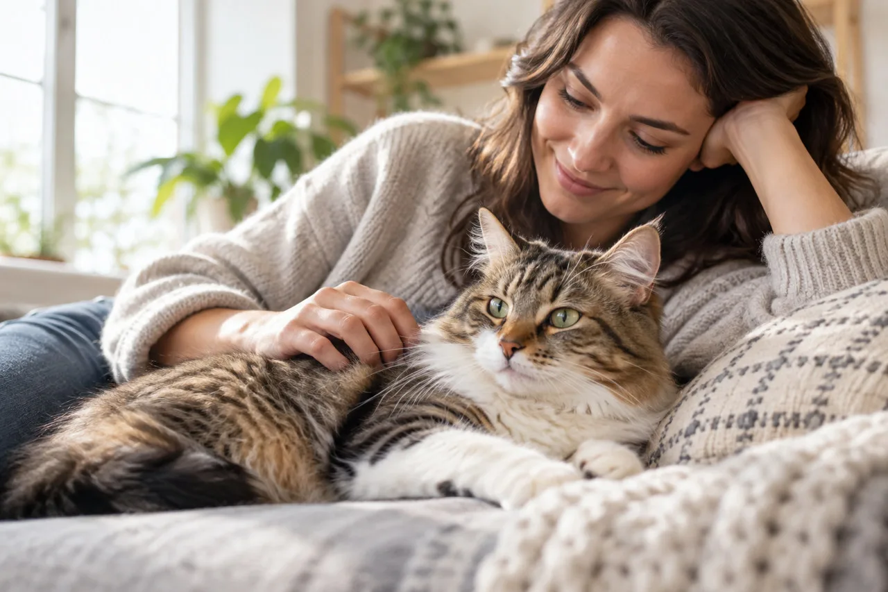 Long-haired tabby resting beside its owner on a blanket